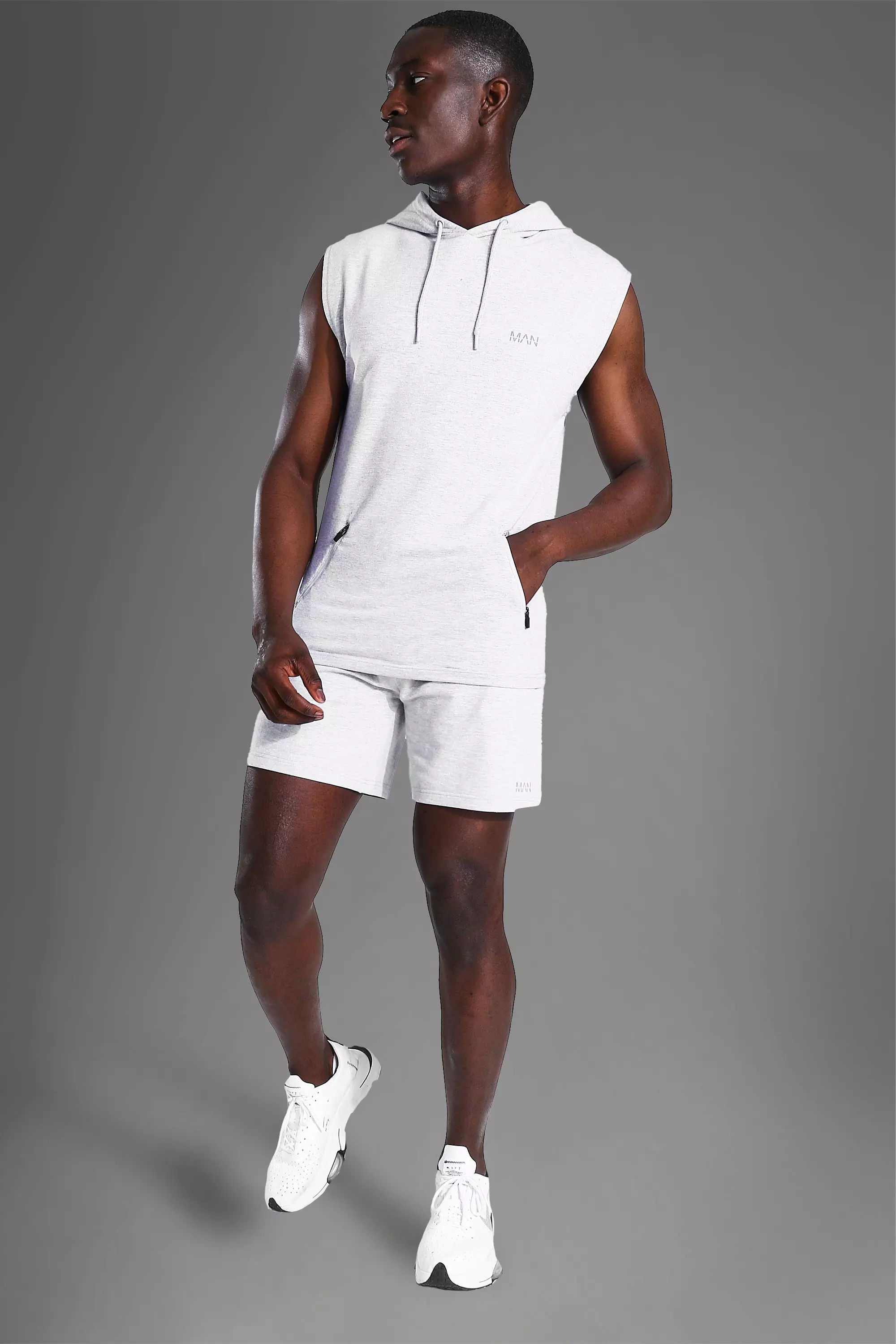 Man Active Gym Sleeveless Hoodie Short Set